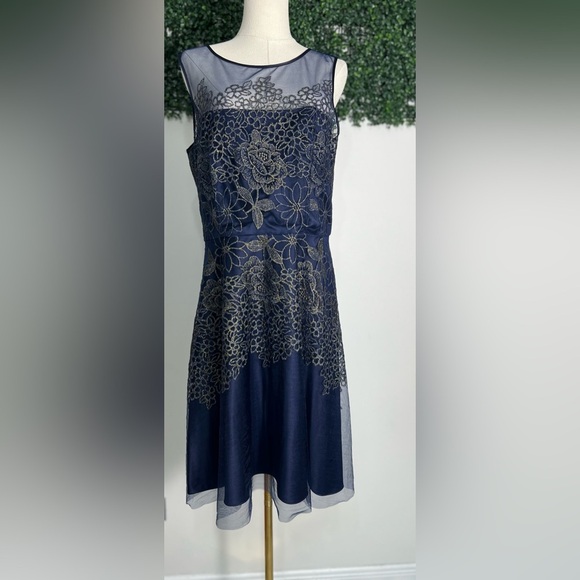 Tahari ASL Dresses & Skirts - Tahari Arthur Levine Gold Floral Bodice Navy Blue Tulle Dress Size 14 Fit Flare